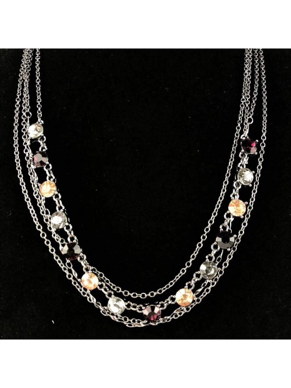 Kohls Metal Necklace Long Dark Silver Tone Red Orange Clear & Gray Rhinestone